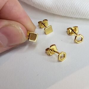 Gold Hexagon and Square Stud Earrings Set